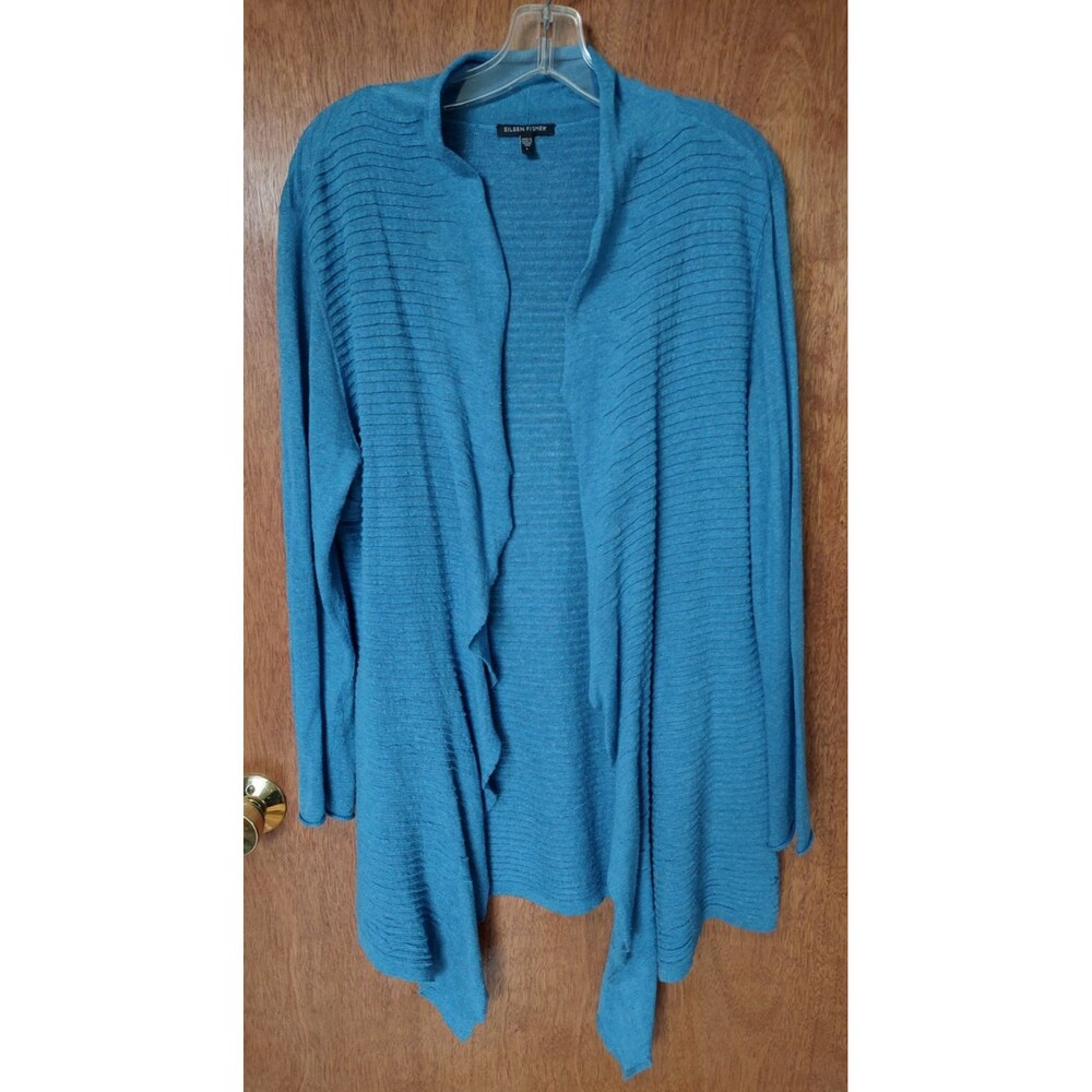 Eileen Fisher L ribbed texture open front duster cardigan cotton/viscose/linen